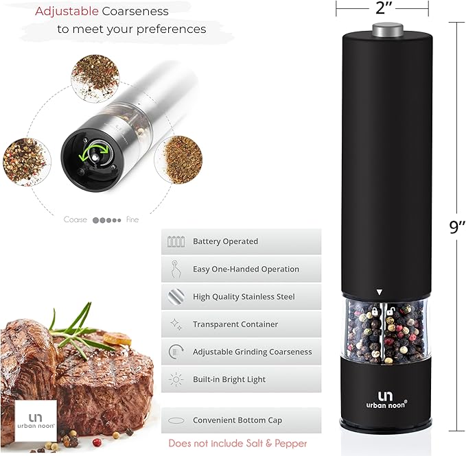 Electric Salt and Pepper Grinder Set - Matte Black Battery Operated Salt & Pepper Mills with Light (Pack of 2) - Automatic One Handed Operation with Adjustable Ceramic Grinders
