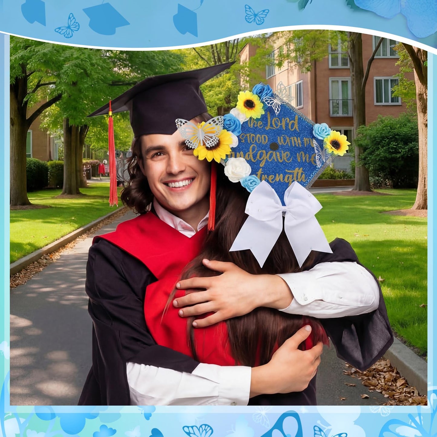 Gersoniel 45 Pcs DIY Graduation Cap Decorations Kit with Faux Flower Heads Graduation Quote Glitter Sticker Bow 3D Butterfly Rhinestone Pearl Stickers for Grad Cap Topper Art Craft Gift Decor(Blue)
