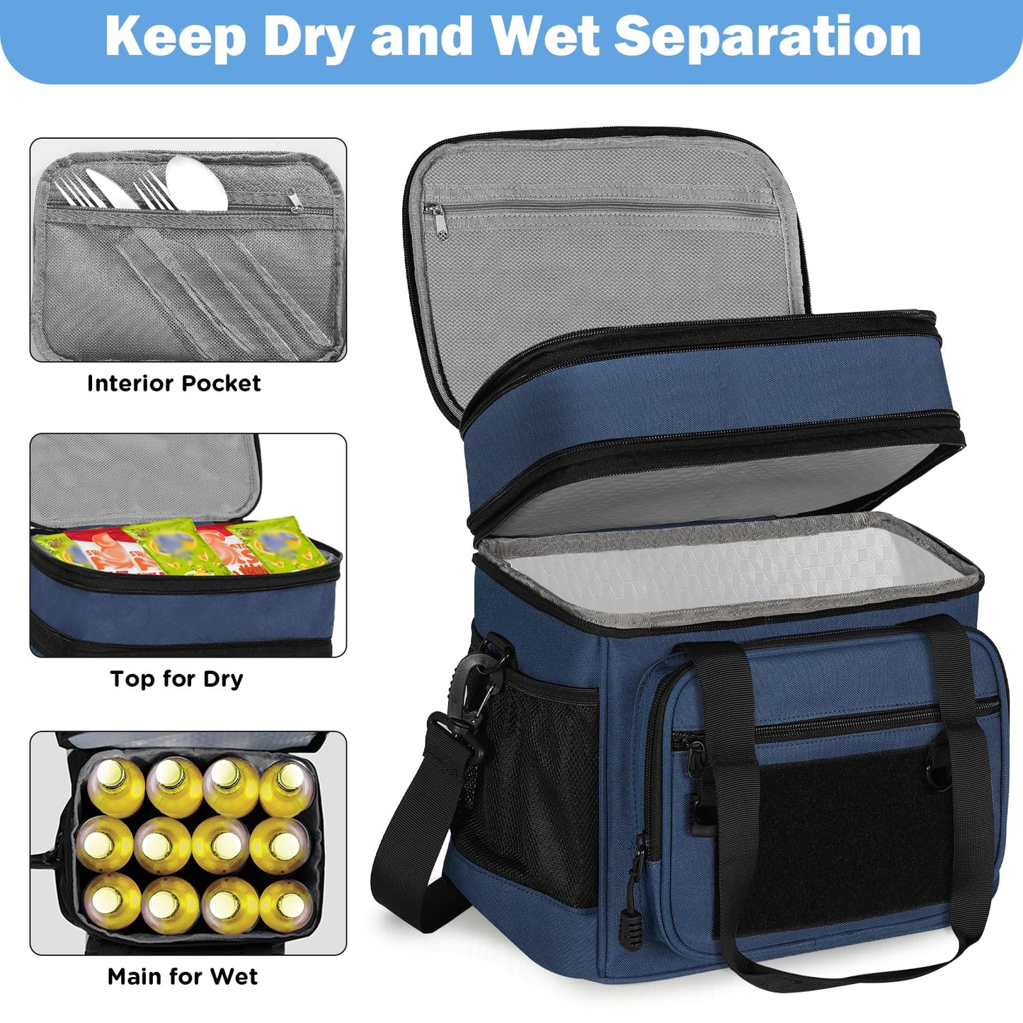 GLENKEY Tactical Lunch Box Cooler Bag - Expandable Insulated Lunch Bag for Men Women - Large Lunchbox for Adults Work Shifts Outdoor Trips Blue 16L