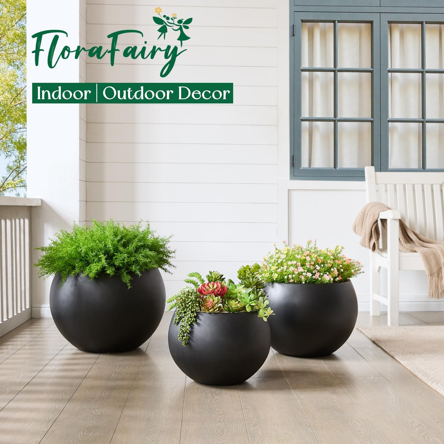 FloraFairy Fiberstone Sphere Planter, Black 19.3" Dia Large Flower Pot with Drainage Hole and Silicone Plug, Round Plant Container for Indoor or Outdoor, 15" Opening-13 H Large