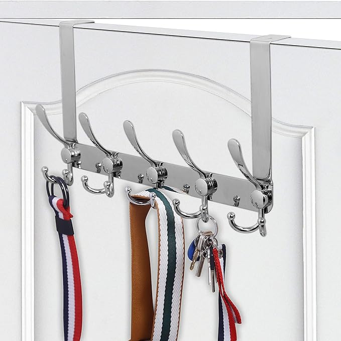 WEBI Over The Door Hook,Door Hanger Hook Rack with 5 Tri Hooks for Hanging Coats, Over The Door Towel Rack Door Coat Hanger Door Coat Rack for Bathroom,Behind Back of Door,Silver