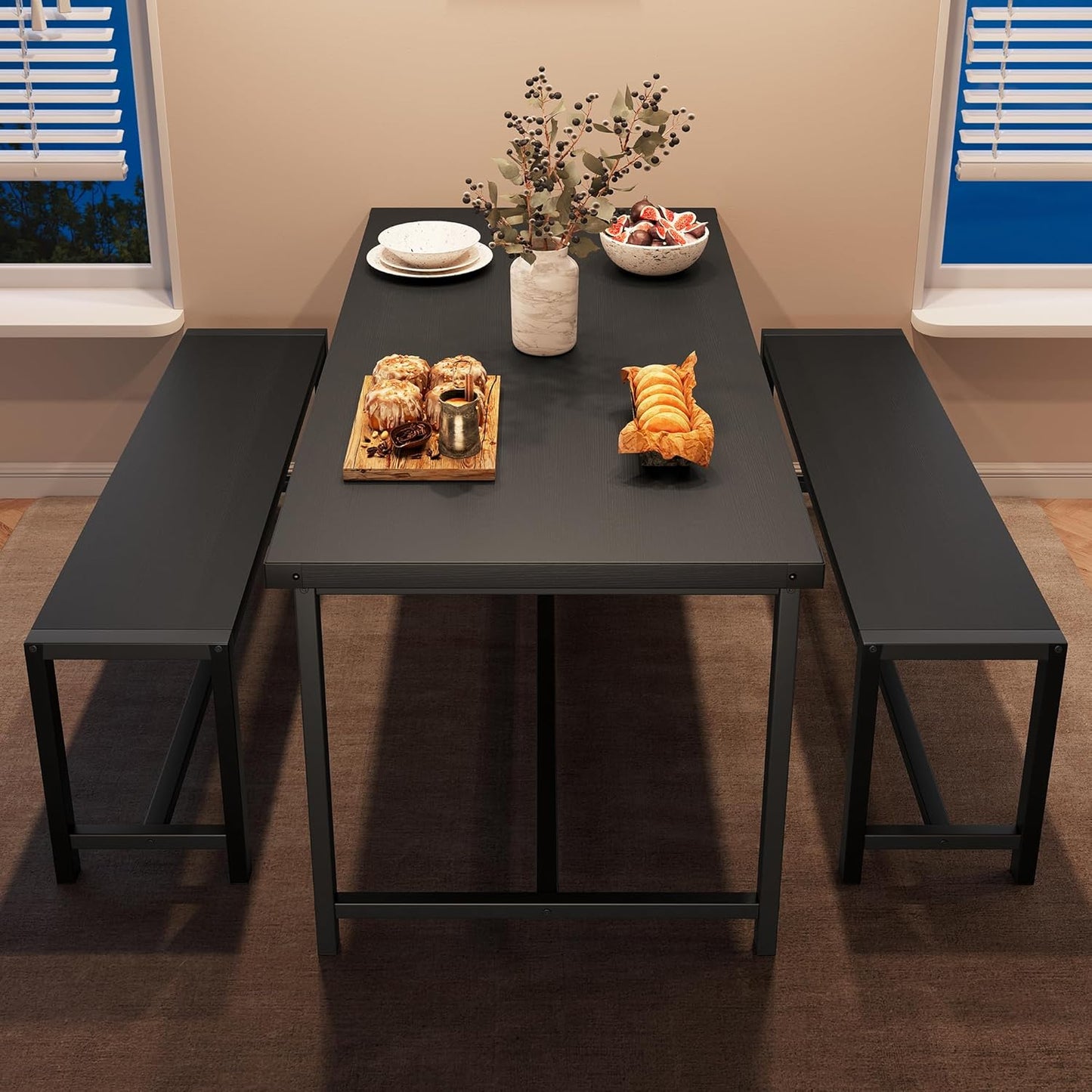 Dining Table Set for 4 with 2 Benches, 3-Piece Kitchen Table Set, Space-Saving Dining Set for Kitchen, Dining Room, Black