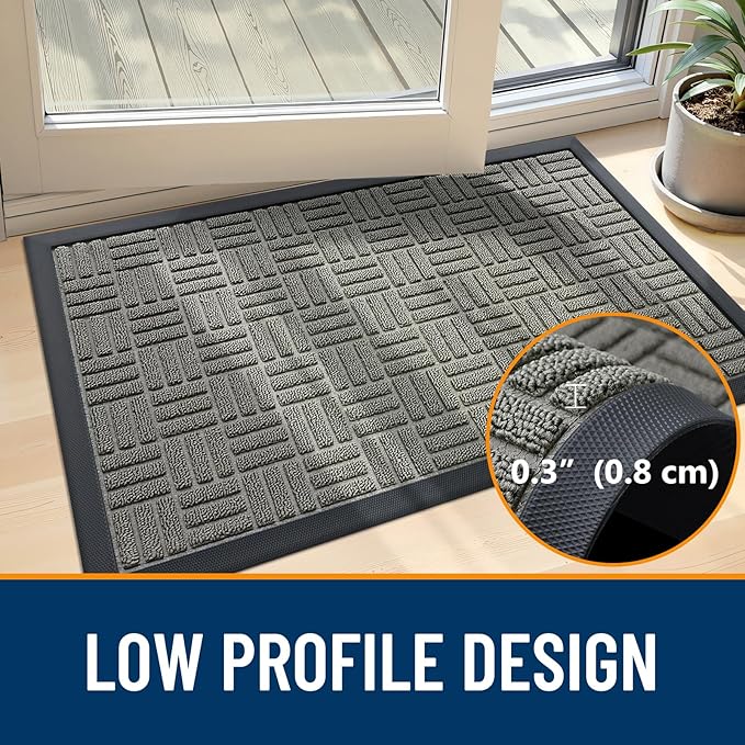 OLANLY Front Door Mat Outside Entrance 29.5x17, Absorbent, Heavy Duty Sturdy Natural Rubber Doormat Indoor Outdoor, Non-Slip, Stain and Fade Resistant, Low Profile Floor Mat for Entryway, Modern Gray