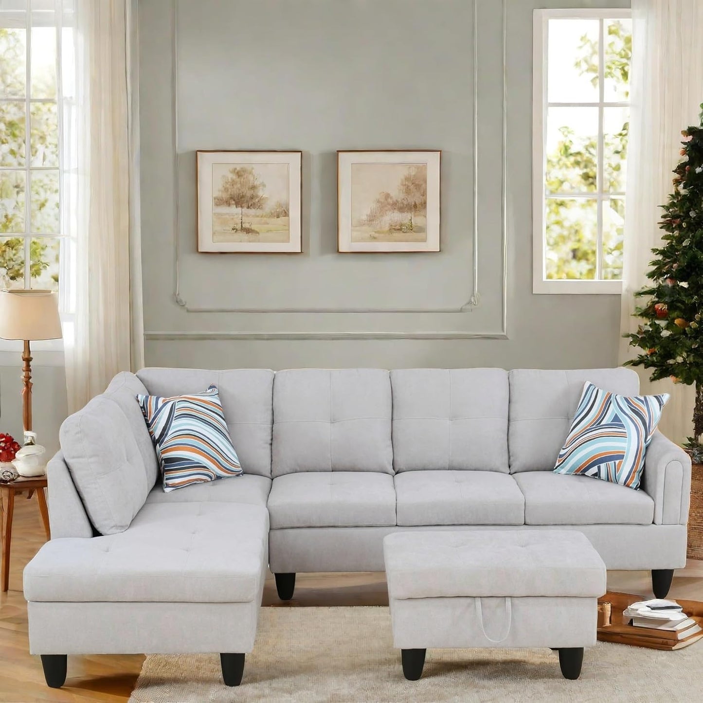 L Shaped Sectional Couch with Otttoman, 97" Sectional Sofa for Living Room Flannel Modular Couches with Cup Holders for Bedroom, Apartments, Light Grey