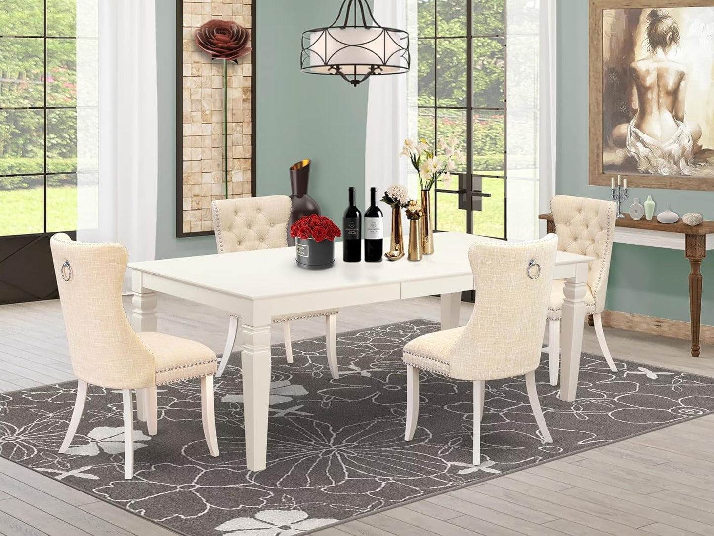 East West Furniture LGDA5-LWH-32 5 Piece Dining Table Set Includes a Rectangle Wooden Table with Butterfly Leaf and 4 Polyester Fabric Upholstered Chairs, 42x84 Inch, linen white