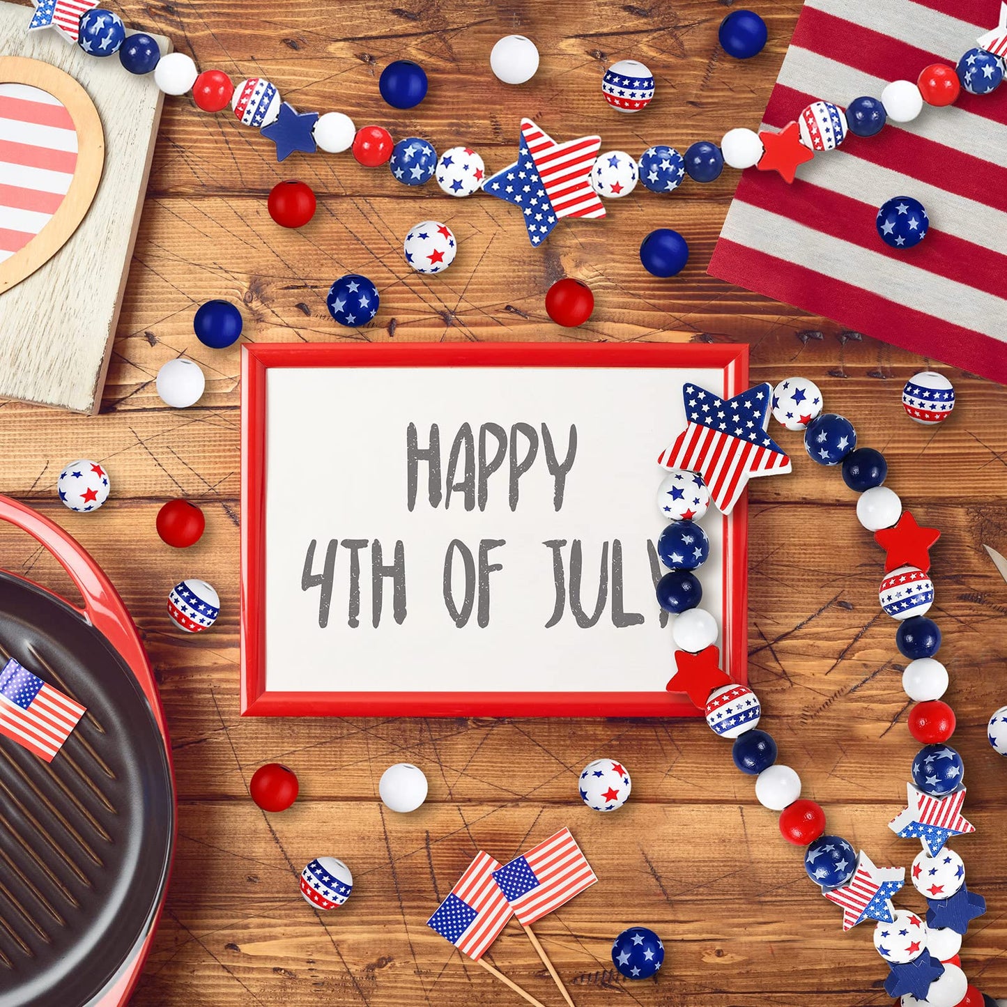 Bencailor 248 Pcs 4th of July Wood Beads Patriotic Wooden Bead for Craft Red White Blue America Flag Stars Charm for 250th Anniversary Memorial Independence Day Decor DIY Garland Bracelet Necklaces