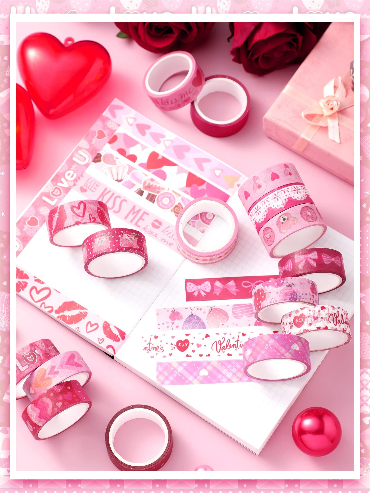 20 Rolls Valentine Washi Tape Set Heart Holiday Love Pink Masking Tape Paper Supplies for DIY Crafts Wrapping Scrapbook Party Favors