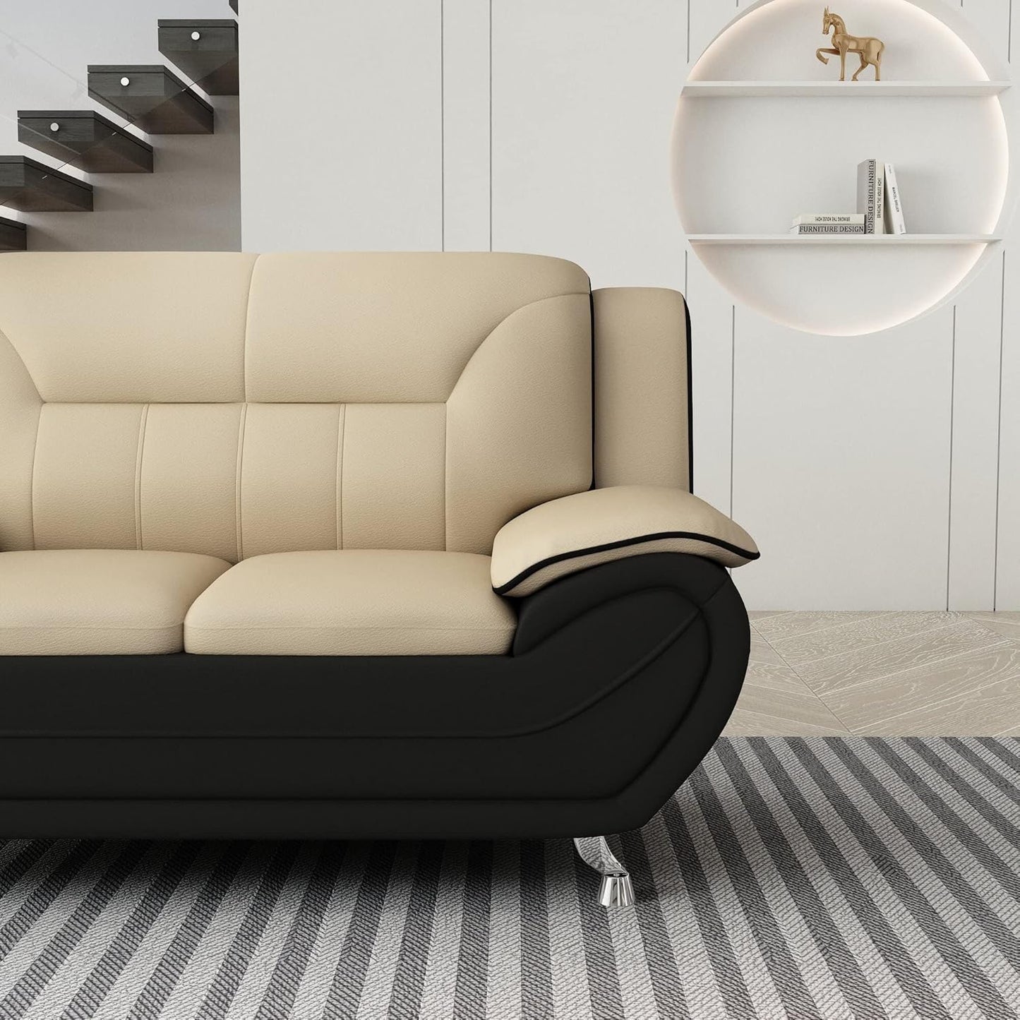 Container Furniture Direct Michael Modern Faux Leather Upholstered Stainless Steel Legs Living Room Sofa, Loveseat, Black Camel