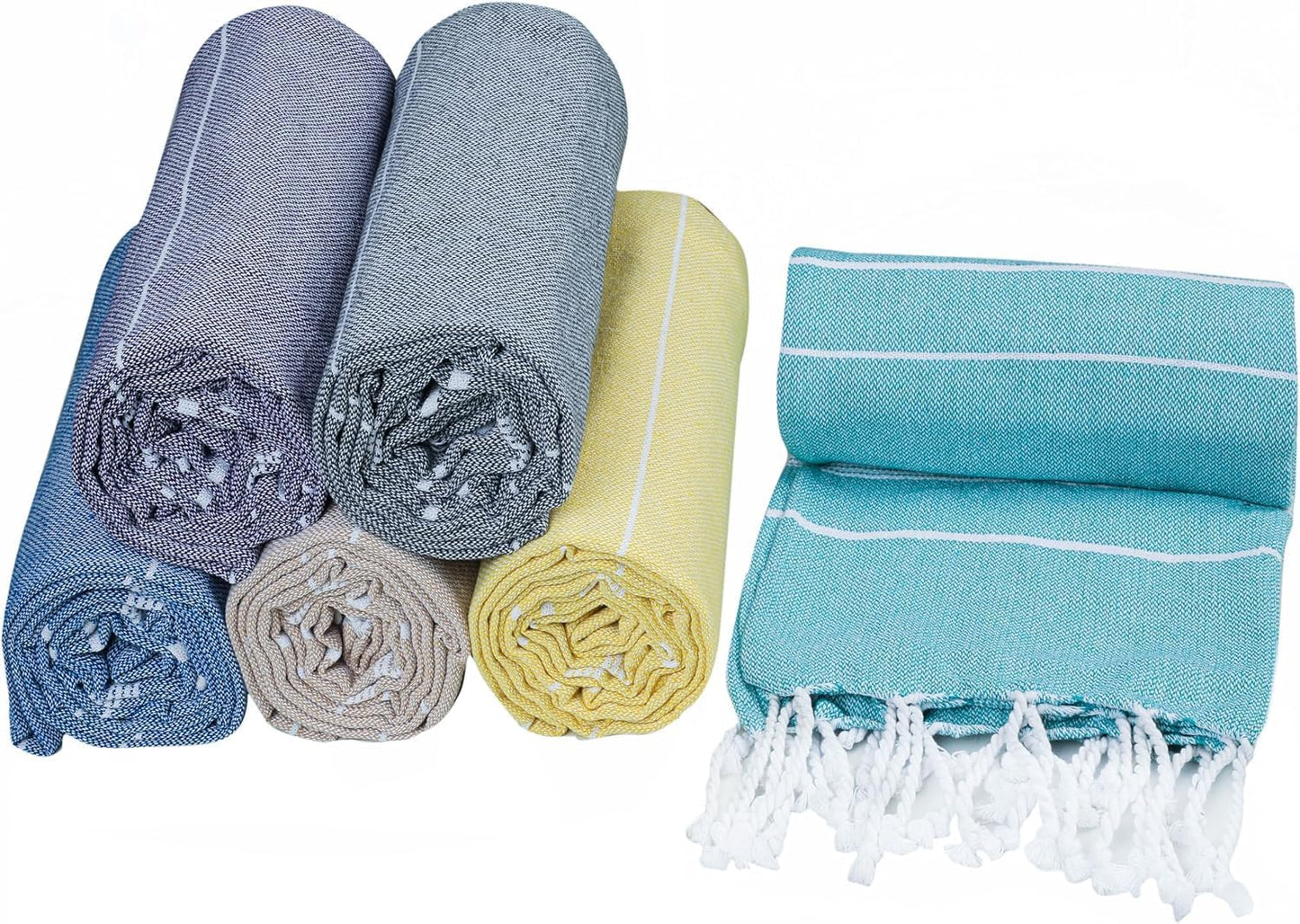 HILLFAIR Cotton Turkish Beach Towels- Lightweight Sand Free Peshtemal Hammam Towels for Bath Swim Yoga Spa- XXL Oversized Beach Towel (39 x 72 inch - 6 Pack Multicolor)