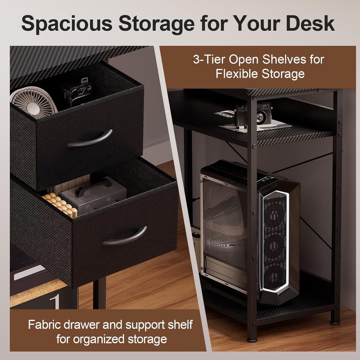 GTPLAYER L Shaped Desk with Drawers, Carbon Fiber Style Computer Desk with Monitor Shelf, Black Small L Shape Desk with Adjustable Open Storage Shelf, Corner PC Table for Small Space Home Office