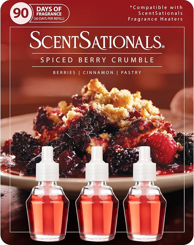 Scentsationals Fragrance Oil Plug In Air Freshener Refills 3-Pack - Spiced Berry Crumble - Works with Scentsationals Wall Plugs, Long-Lasting Home Fragrance, 0.8 fl oz Each, Packaging May Vary
