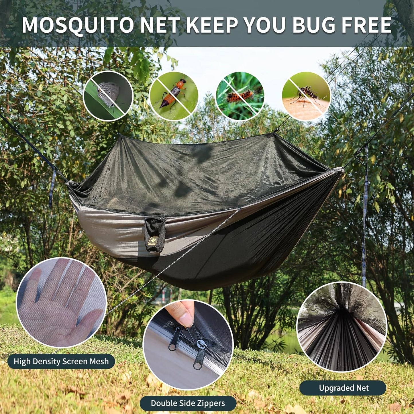 Camping Hammock with Net,Portable Lightweight Double Hammocks with Tree Straps and Solid D-Shape Carabiners,Parachute Nylon Hammock for Backpacking Beach Backyard Patio Hiking Black&Grey