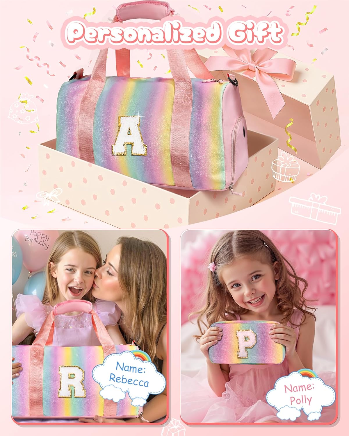 Preppy Gifts Gifts for Kids-Girl Gym Bag with Shoe Compartment, Kid Personalized Weekender Overnight Bags, Initial Travel Tote with Makeup Pouch, Valentines Day Gift (Letter P)