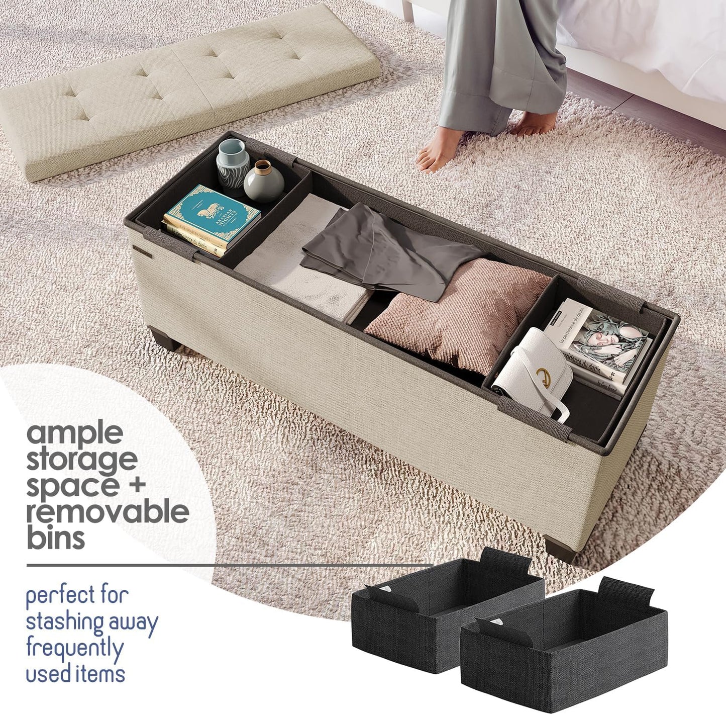 STORAGEBUD Storage Ottoman Bench with Bins, 43-in Storage Bench for Bedroom End of Bed, Folding Foot Rest Ottoman for Living Room Max 660lbs, Fabric Ottomans, Beige