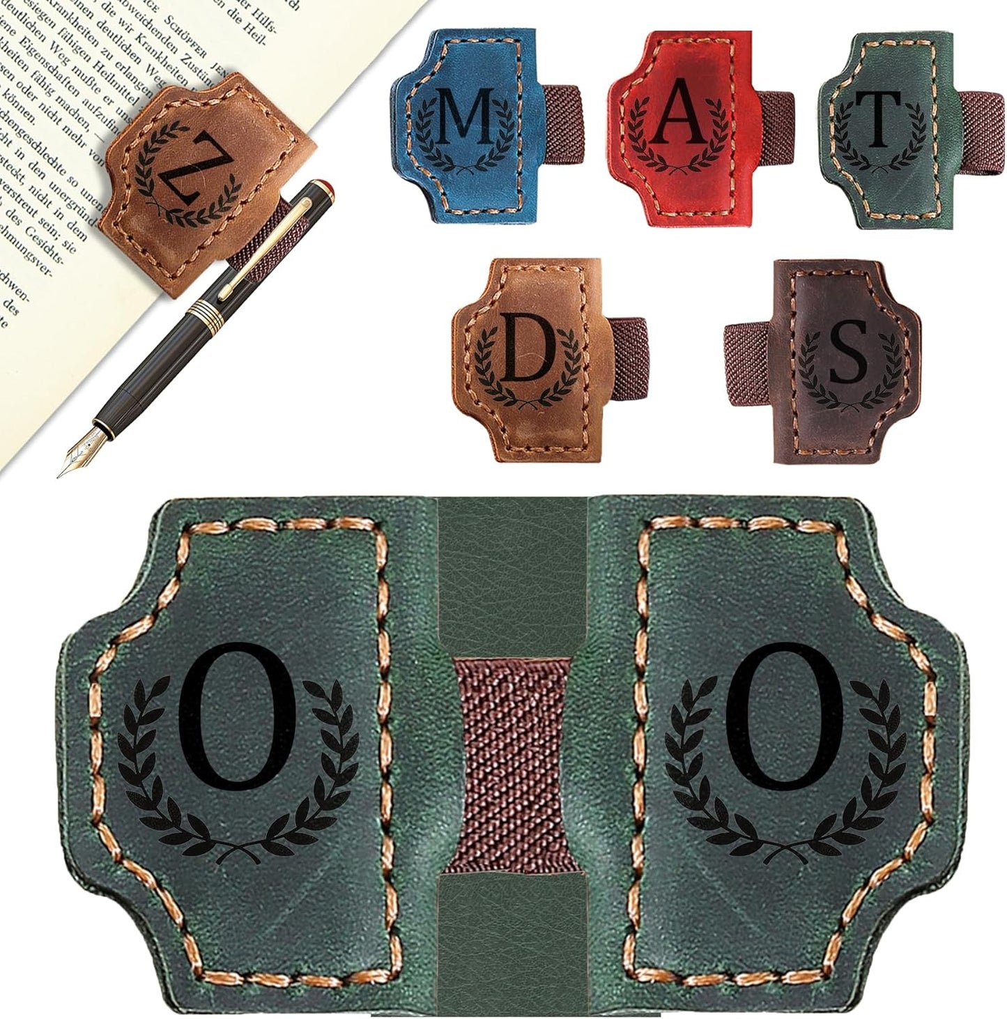 Bygone Mark Bookmark with Pen Holder, 26 Letters Name Initial Personalized Magnetic Bookmarks, Leather Book Mark for Men Women, Travelers Accessories, Teachers Readers Book Lovers Gifts (Green, O)