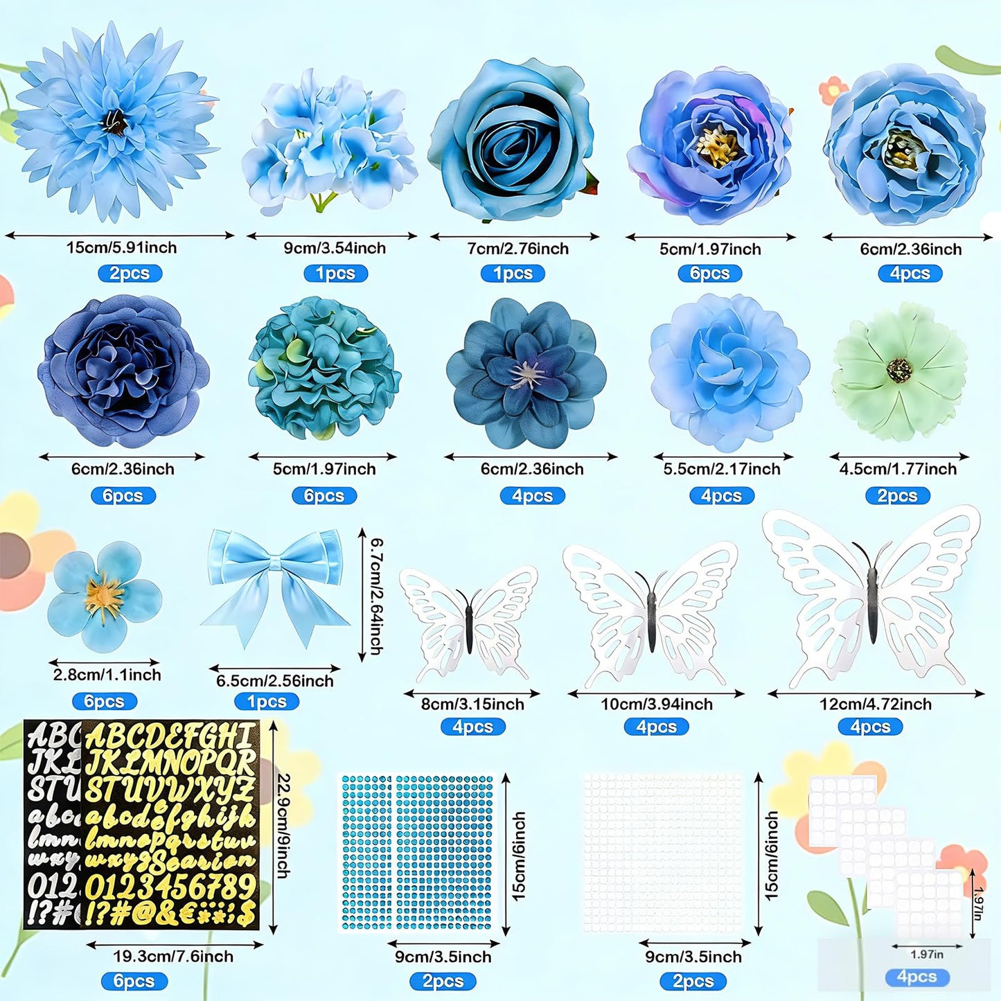 69 Pcs Graduation Cap Decorations Kits, Grad Cap Topper Decorations Included Faux Flowers 3D Butterfly Bow Rhinestones Alphabet Letter Stickers for Graduation Cap Topper DIY Craft Art Decor (Blue)