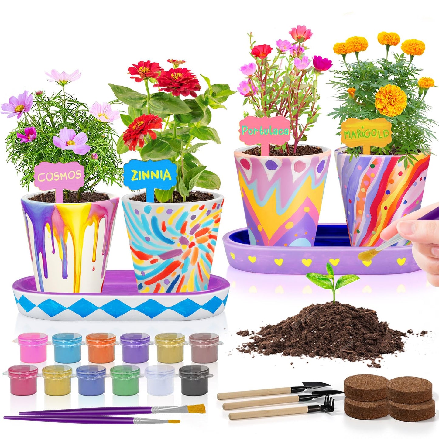 4 Set Paint & Plant Flower Gardening Kit - Gifts for Girls Ages 8-12, Arts and Crafts for Kids Ages 8-12, Kids Gardening Set, Toys Birthday Gifts for Kids Girls Boys Ages 6 7 8 9 10 11 12