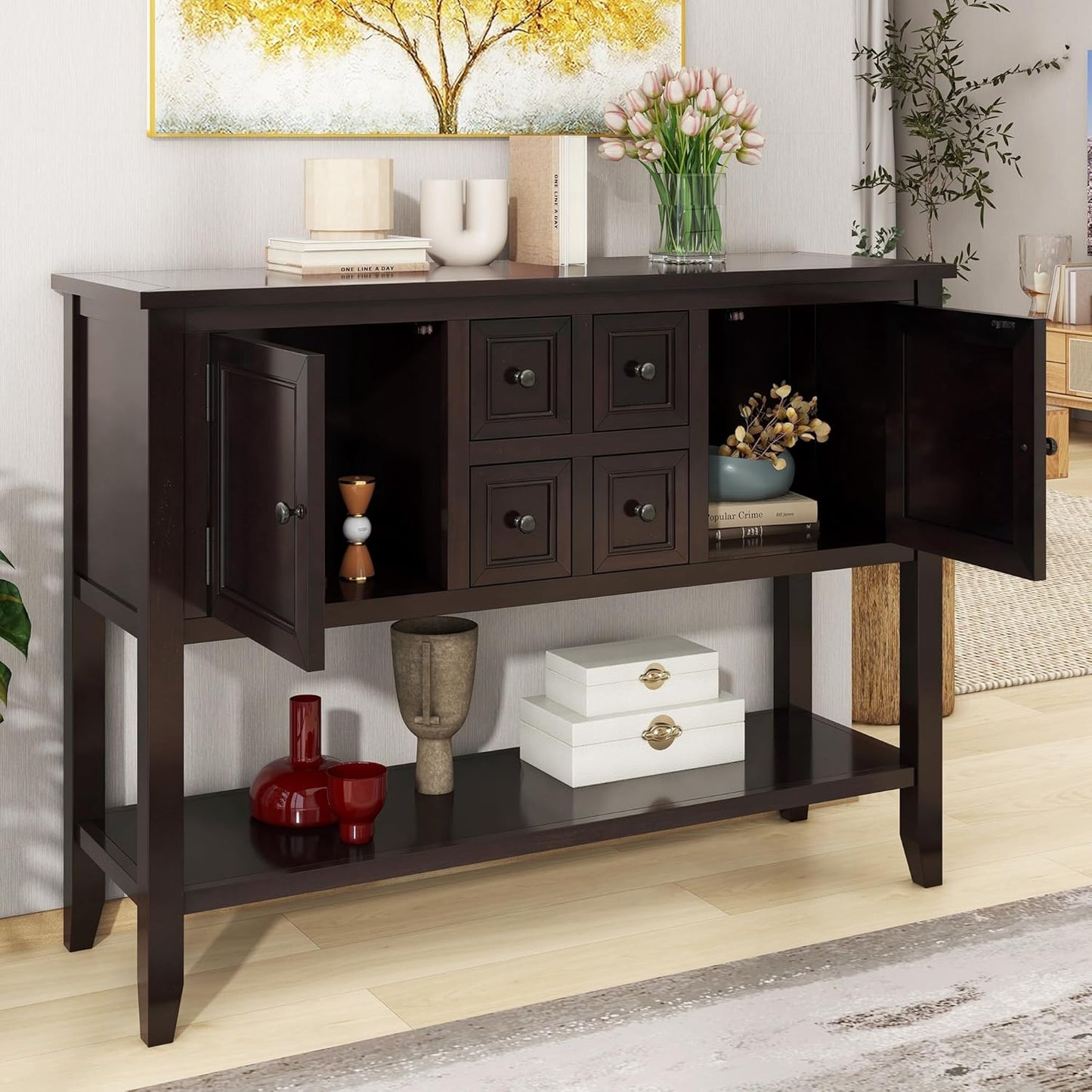 Merax Wood Farmhouse Buffet Table with Storage Shelf, 2 Drawers and Cabinets Buffet Coffee Bar Cabinet for Living Room Dinning Room Kitchen, Espresso