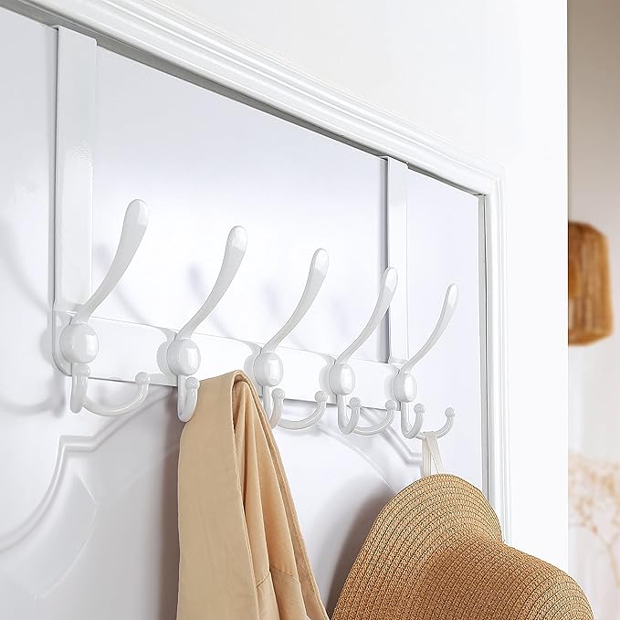 Dseap Over The Door Hook Hanger - 5 Tri Hooks, Heavy Duty Over The Door Towel Rack Coat Rack for Clothes Hat Towel, White, 2 Packs