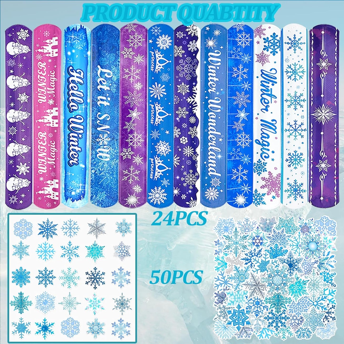 74Pcs Snowflake Theme Party Favors Contain 24 Pcs Snowflake Theme Slap Bracelets 50Pcs Snowflake Theme Stickers, Ice and Snow Theme Birthday Party Decorations,Classroom Rewards Supplies.