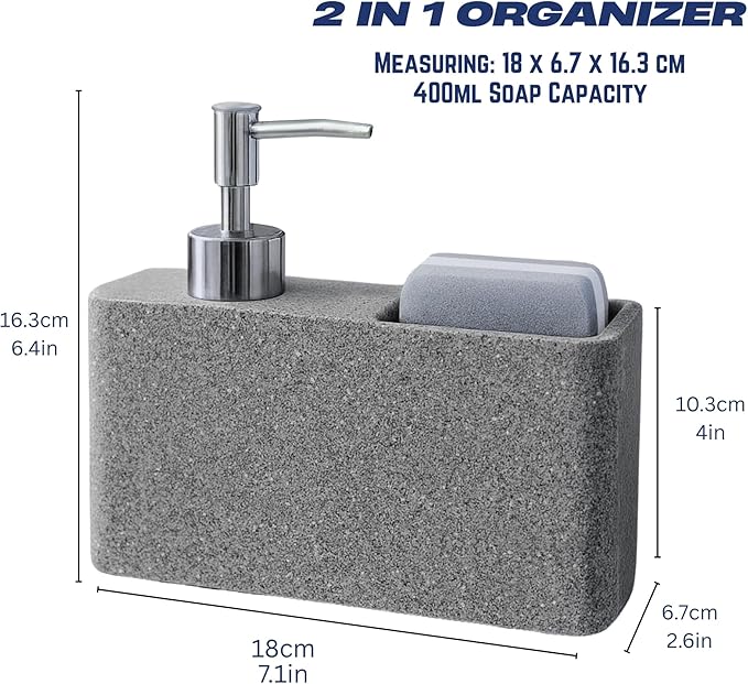 Havara Dish Soap Dispenser with Sponge Holder, Granite Resin Kitchen Soap Pump, One-Handed Non-Slip Countertop Dispenser for Kitchen Sink