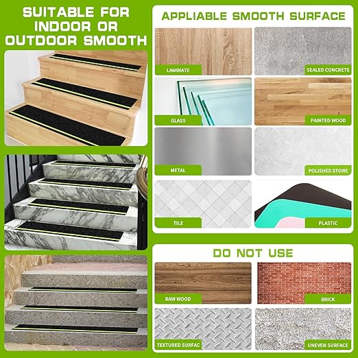 LadyRosian Outdoor Stair Treads Non Slip 10-Pack Black Glow 6" x 24" - Weather Resistant Adhesive Heavy Grip Tape - Waterproof Anti Skid Strips- Glow in The Dark 80-Grit Adhesive Treads