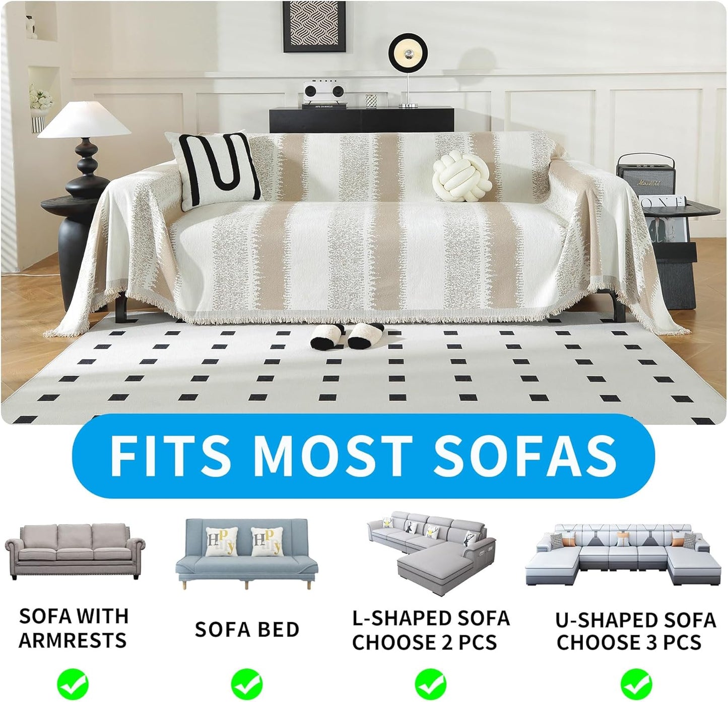 LUFEIJIASHI Boho Couch Covers for Sofa Non Slip Sofa Covers Washable Couch Covers for 3 Cushion Couch Sofa Pet Friendly Sectional Couch Cover Blanket Furniture Protector for Dogs (Khaki, 91"x118")