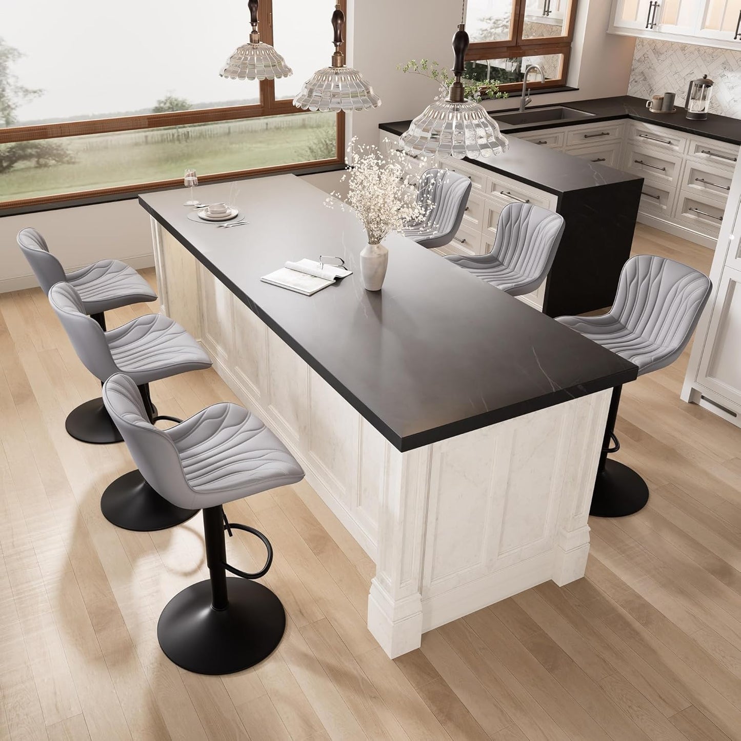 YOUNIKE Grey Bar Stools Set of 6 Modern Swivel Counter Height Bar Chair with Back Adjustable Kitchen Island Faux Leather Padded Barstools taburetes de bar Breakfast sillas para barra de cocina 6PCS