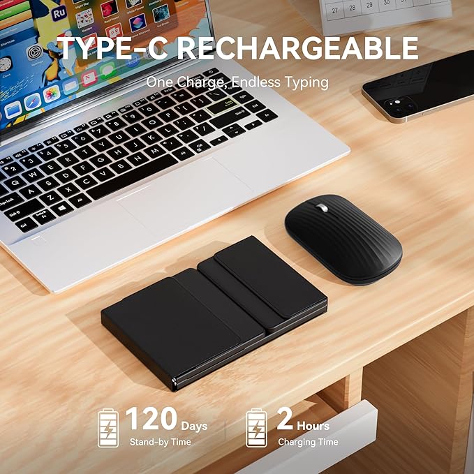 Foldable Keyboard and Mouse, USB-C Rechargeable Folding Wireless Bluetooth Keyboard Combo, Full-Size Portable Travel Keyboard & Mouse for Business Travel, Compatible with Laptop iPad Tablet