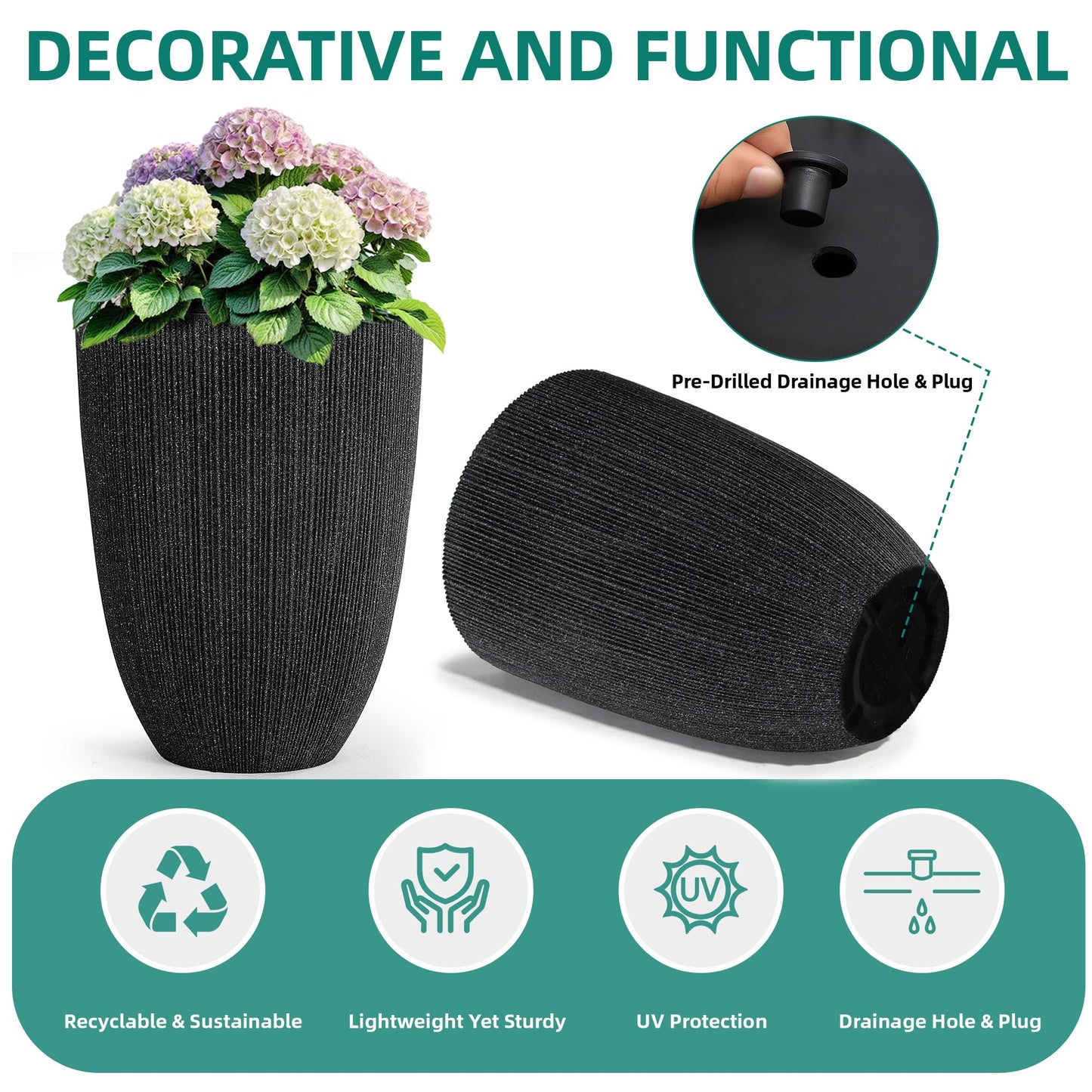 Ultym 2 Pack 19" Tall Black Fluted Concrete-Look Resin Planters, Large Round UV-Resistant Flower Pots for Indoor Outdoor Plants, Decorative Ribbed Planters for Garden Patio Porch Home Office