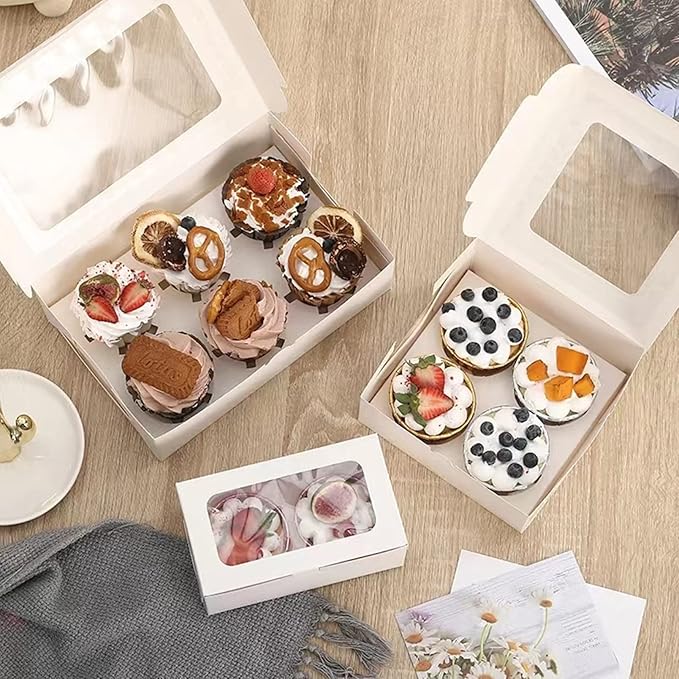 30-Set Cupcake Boxes Bulk with Clear Display Window Hold 4 Standard Cupcakes, Disposable Food Grade White Cupcake Carrier Cupcake Container, Perfect for Cupcakes Muffins Cookies Pastries