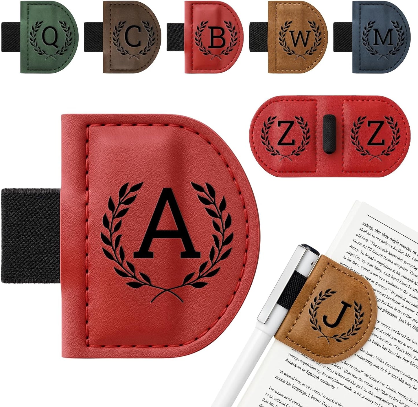 Personalized Bygone Mark Bookmark with Pen Holder,Engraving Leather Magnetic Bookmarks Vintage 26 Letters Name Initials Text Book Marker Clips Gifts for Reading Book Lovers Women (Red, A)