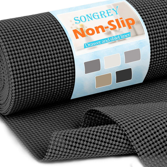 Songrey Non-Adhesive Drawer and Shelf Liner, Non Slip Cabinet Liners, Protect Kitchen Cupboard, Bathroom Drawers, Breathable, Thick Strong Grip mat (12IN x 20FT, Black)