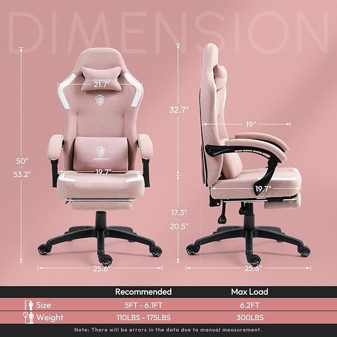 Dowinx Fabric Gaming Chair with Pocket Spring Cushion,Breathable Computer Chair with Massage Lumbar Support and Footrest,High Back Game Office Chair for Adult,Pink