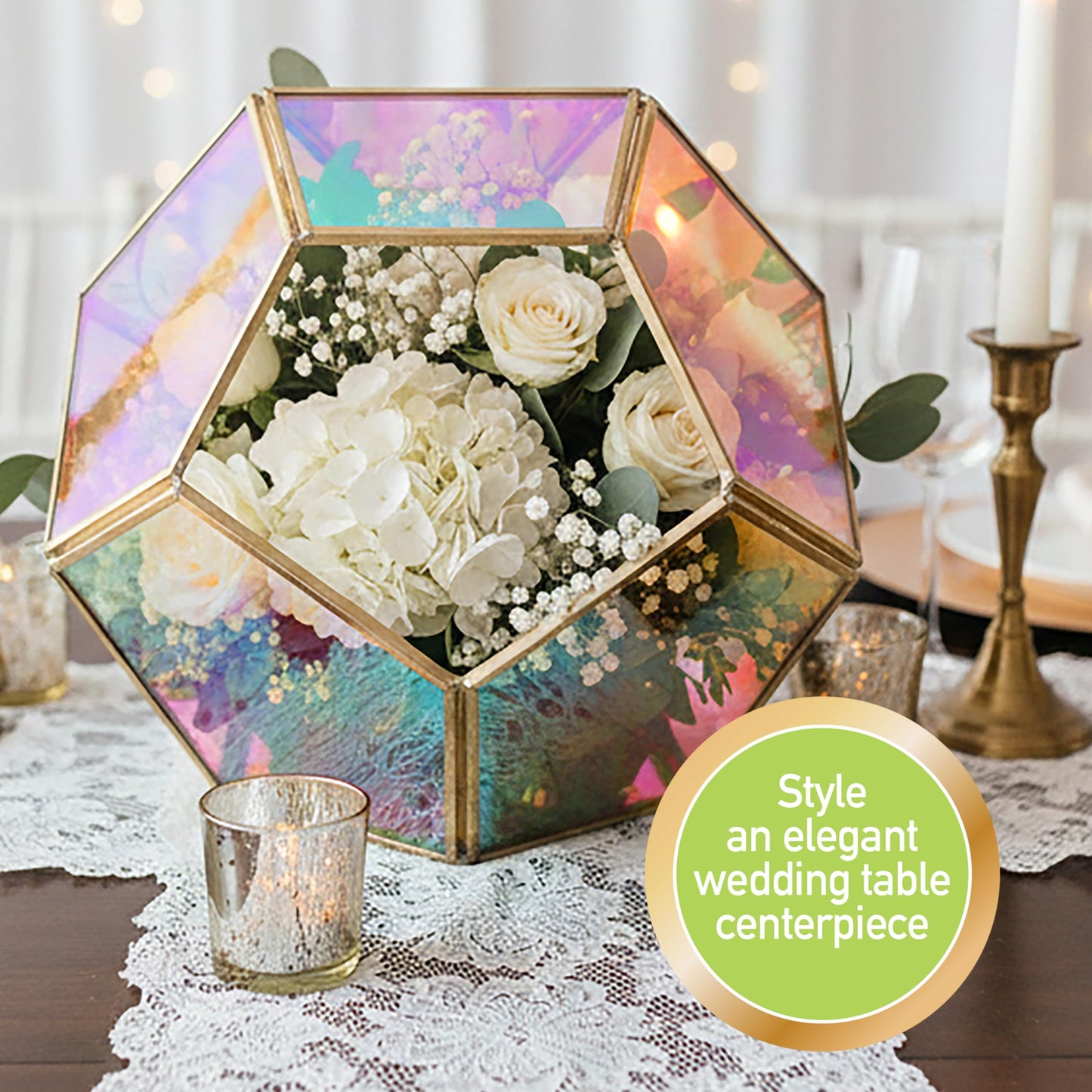 D'Eco Iridescent Glass Centerpiece (7x7x6)- Spring Home & Wedding Decor- Tabletop Geometric Planter Terrarium- Fill with Succulents, Cacti, Air Plants, Moss, Flowers for Plant Lovers