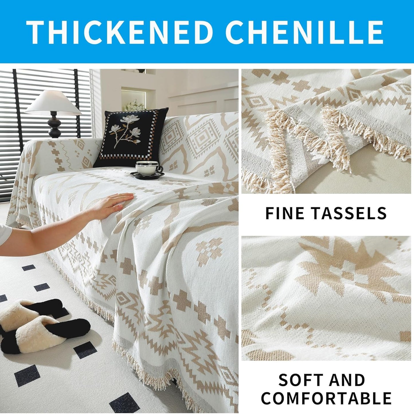 LUFEIJIASHI Boho Couch Covers for Sofa Non Slip Sofa Covers Washable Couch Covers for 3 Cushion Couch Sofa Pet Friendly Sectional Couch Cover Blanket Furniture Protector for Dogs (Khaki, 91"x118")