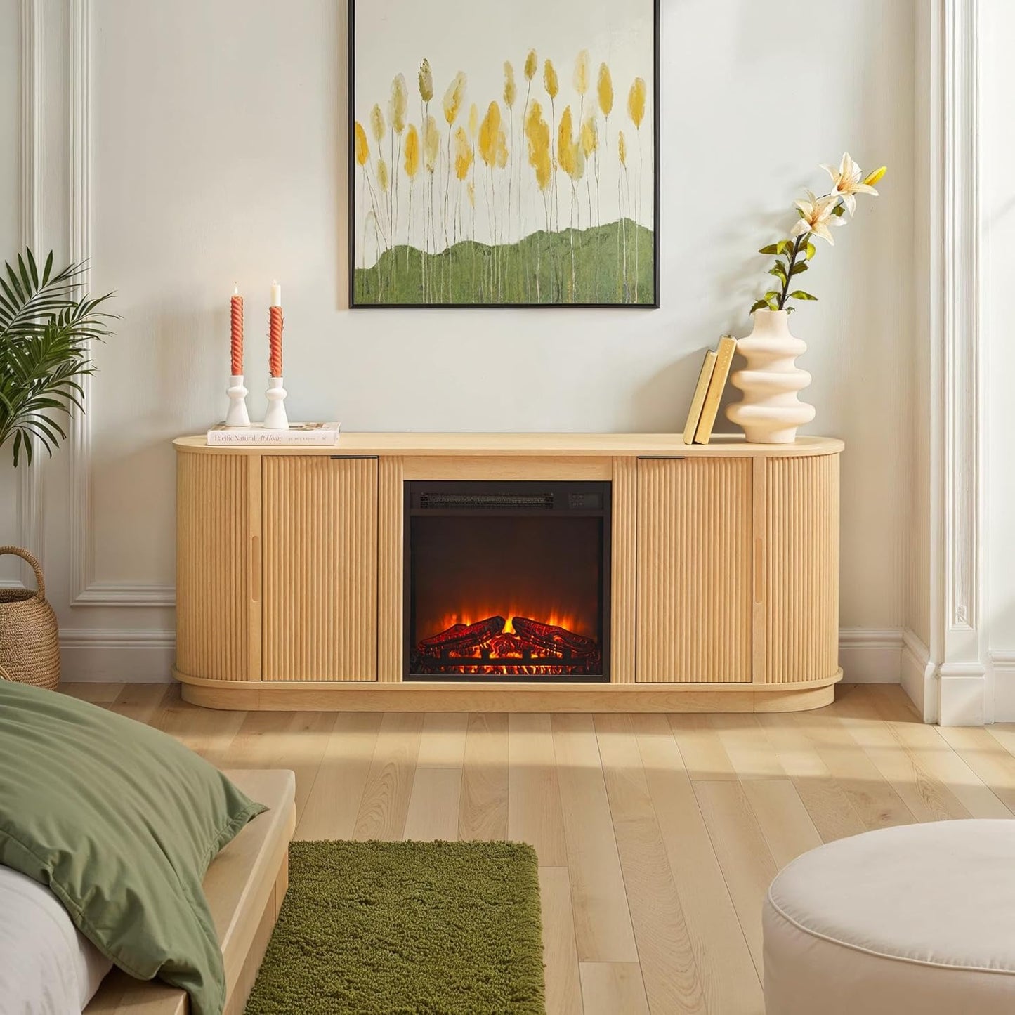 Walker Edison Chloe Reeded TV Stand with Fireplace Insert, 65 Inch, 60 inch, Coastal Oak