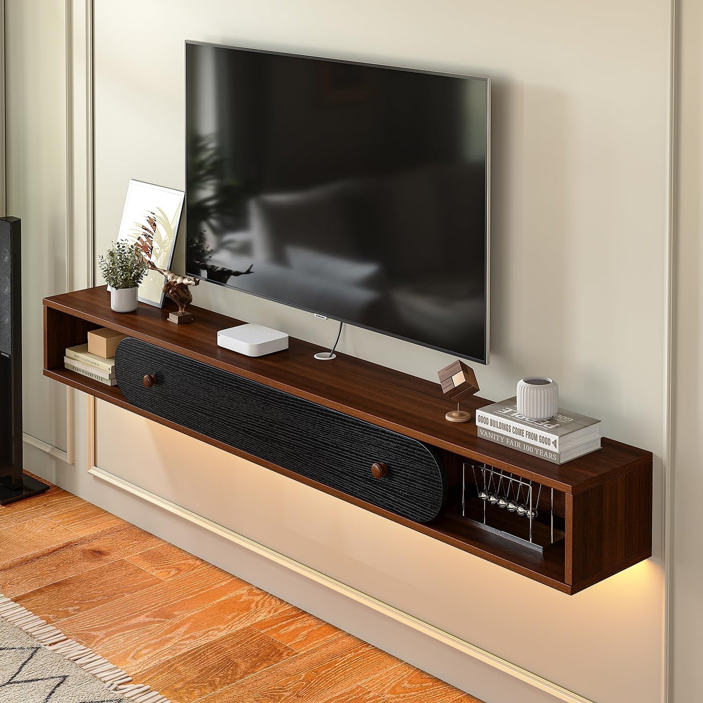 Floating TV Stand Wall Mounted 55'', Modern Media Console with 2 Open Cabinets and 1 Door,Wall Mount TV Console for Living Room Bedroom,Walnut and Black