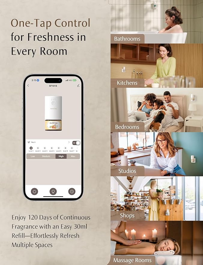 SF101S Smart Wi-Fi Waterless Plug-In Air Freshener, 100% Plant-Based Ultrasonic Diffuser, Adjustable 120-Day Scent Air Mist, Covers 100㎡ for Home, Hotel-cedarwood Citrus Veil