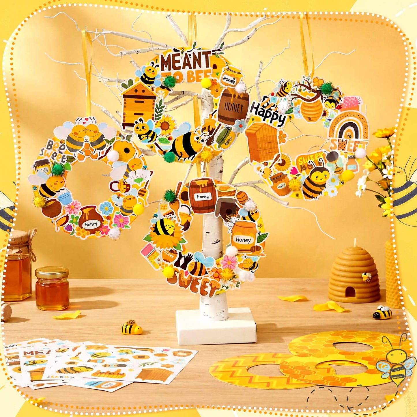 Hollowfly 48 Sets Bee Wreath Crafts Kits DIY Honey Bee Wreath Hanging Ornaments Make Your Own Paper Honeybee Craft with Sunflower Honey Flower Stickers for Summer Home Party Favors Activities