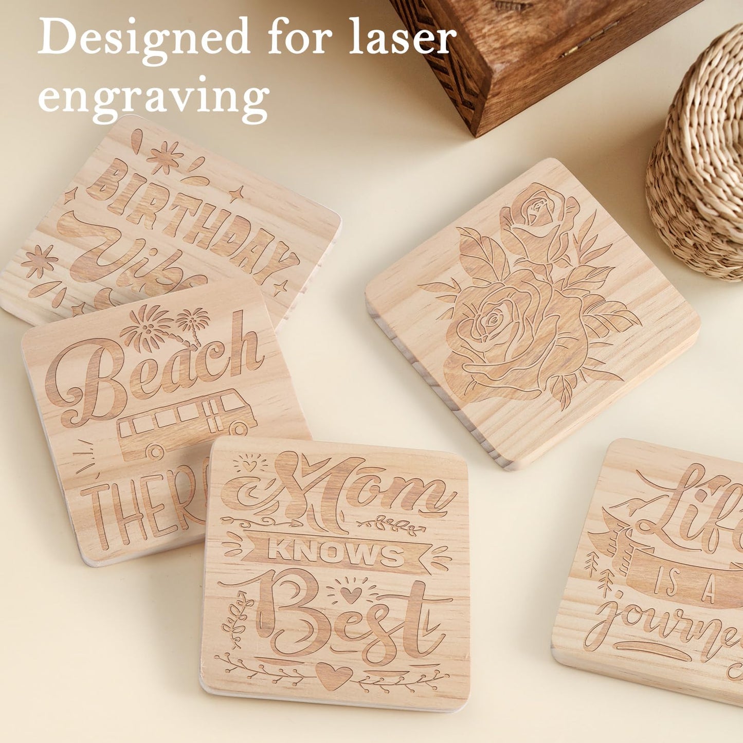 60 Pieces Unfinished Wood Coasters, GOH DODD 4 Inch Wooden Blanks with Non-Slip Pads for Laser Engraving Wood Burning Staining Painting Decoupage Housewarming Gifts Wedding Crafts Education, Square