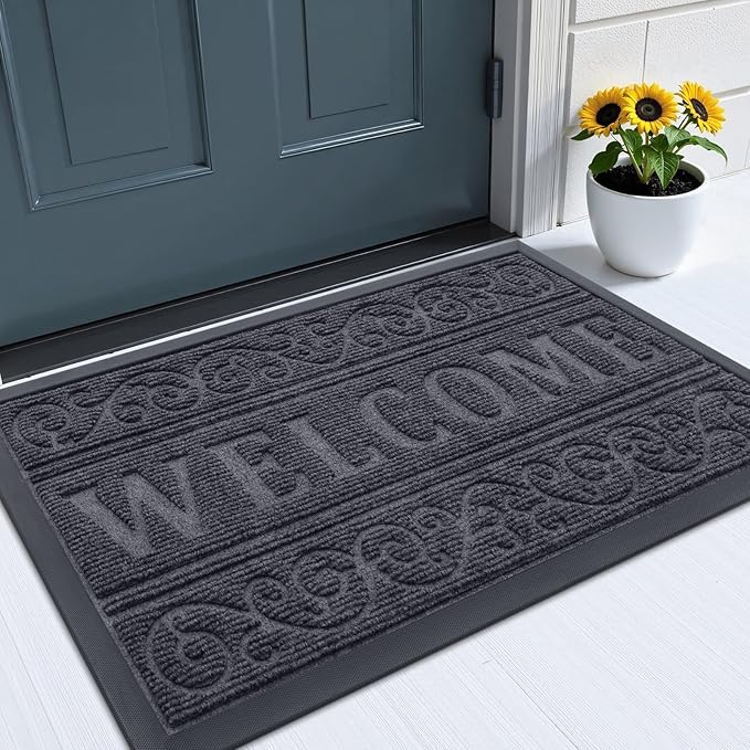 OLANLY Welcome Door Mat Indoor Outdoor Entrance, Heavy Duty Sturdy Front Door Mat, Waterproof All-Weather Doormat, Stain Resistant, Low Profile, Easy Clean Patio Entryway Mat, 59 x 35, Medium Grey