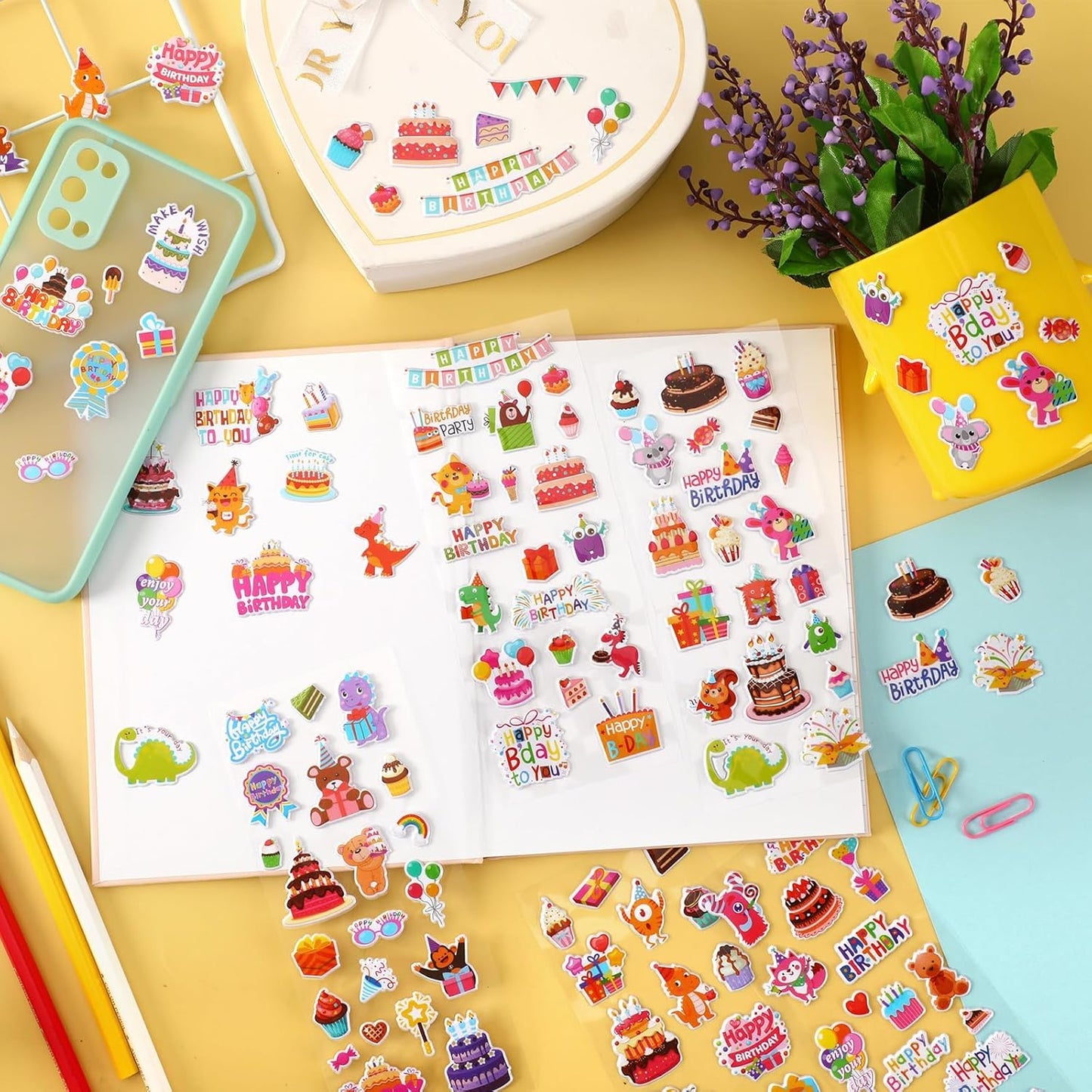 UPINS 12 Sheets Happy Birthday Stickers for Kids, 3D Cute Puffy Stickers Birthday Cake Foam Stickers Decals for Birthday