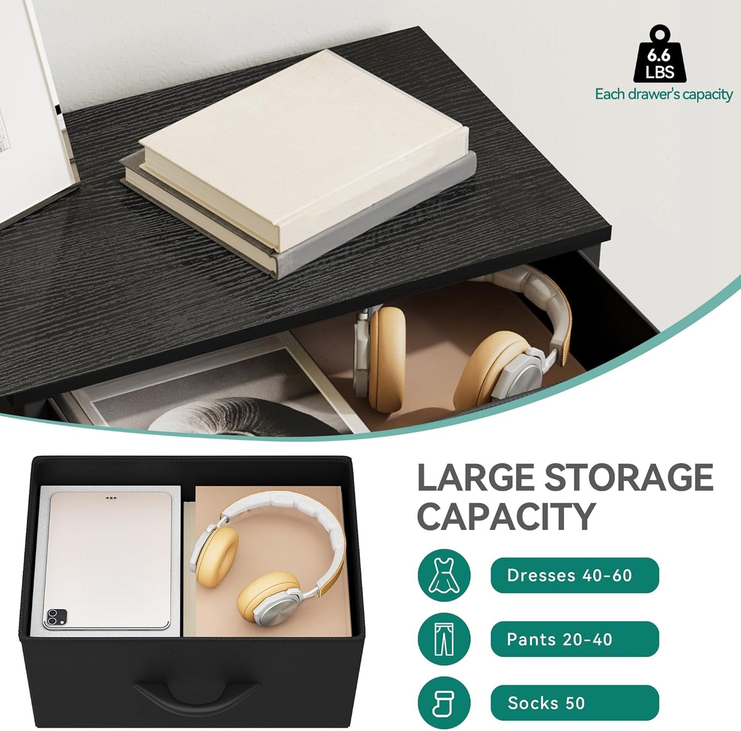 DWVO Storage Tower with 4 Drawers - Fabric Dresser, Organizer Unit, Living Room, Closets - Sturdy Steel Frame, Easy Pull Fabric Bins & Wooden Top