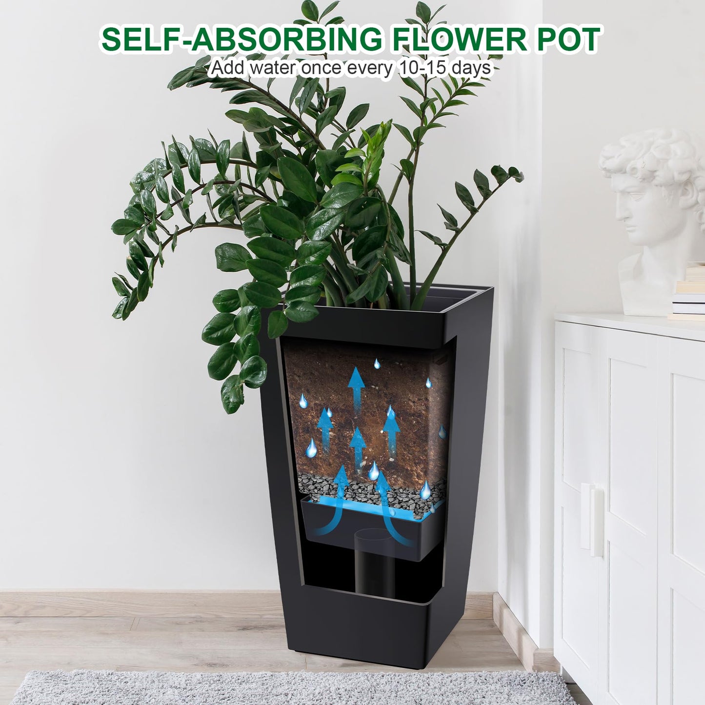 Garvee 30" Tall Planters Set of 2, Outdoor＆Indoor Black Planter Pots, High Front Porch Planter Pots with Drainage Holes＆Water Level Monitor＆Inner Bucket,Black