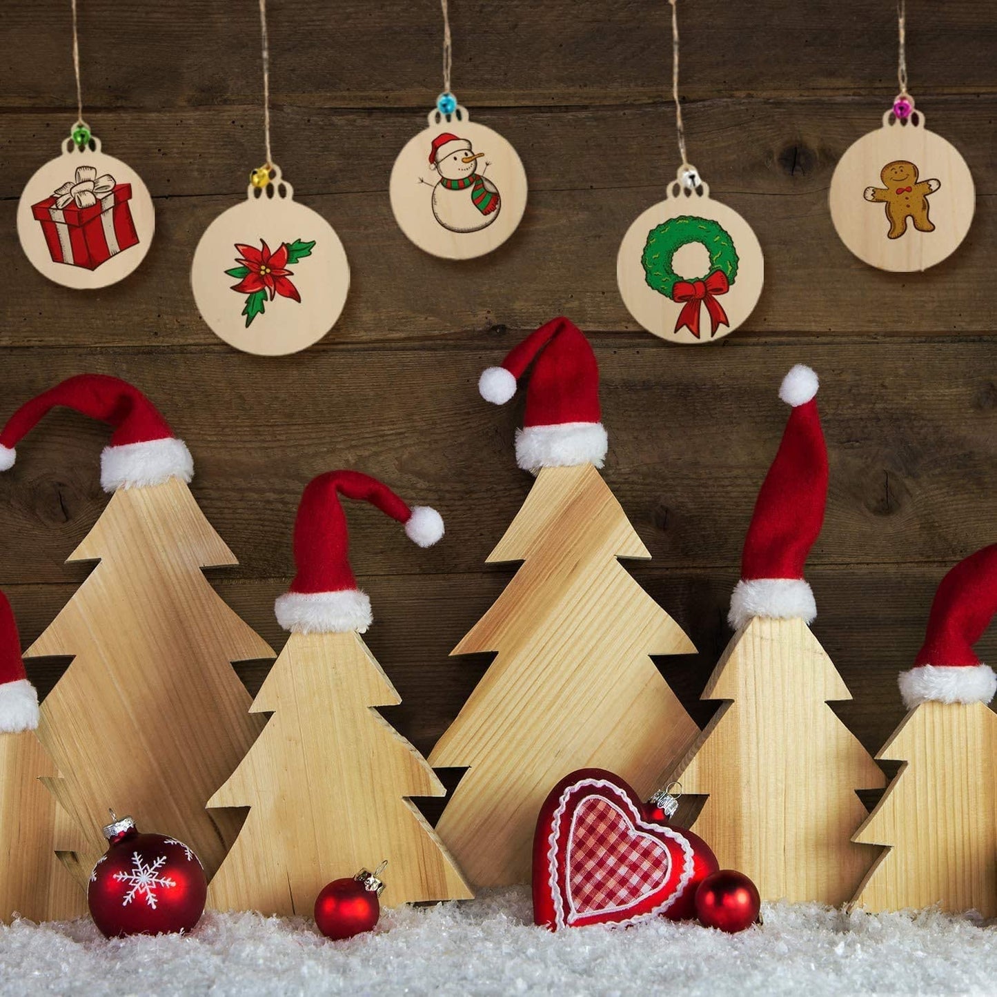 pojah 60PCS Wood Slices,4" Wooden Christmas Ornaments,Unfinished Predrilled Wood Circles for Crafts Centerpieces,DIY Round Wooden Discs Hanging Decorations