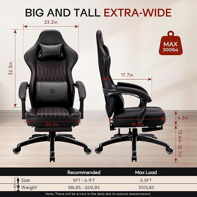 Dowinx Gaming Chair Breathable PU Leather Gamer Chair with Footrest Massage Lumbar Support, Big and Tall Ergonomic Reclining Computer Chair with Pocket Spring Cushion for Adults Teens(Black)