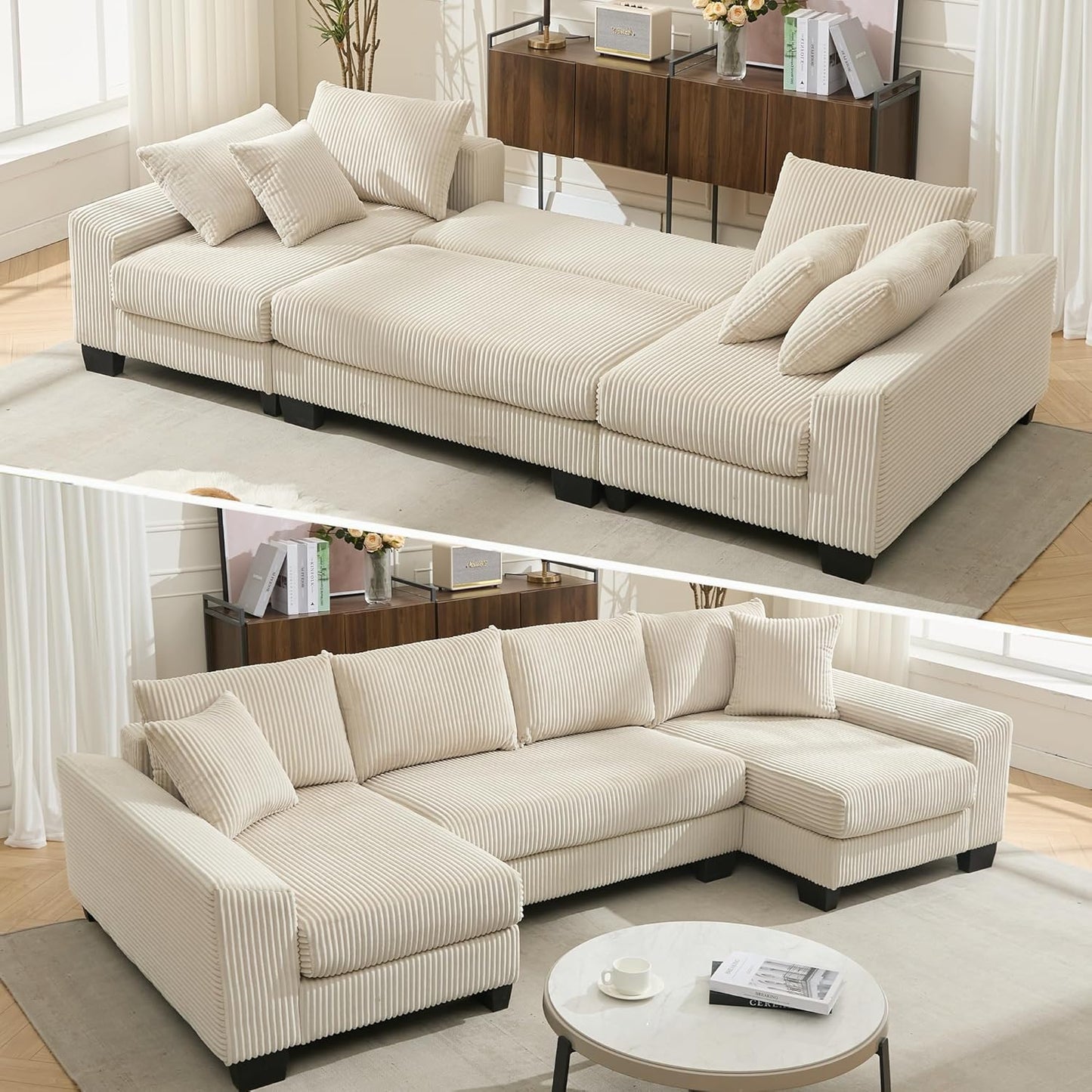 Symmetrical U Shaped Sectional Sofa Convertible Pull Out Sleeper Sofabed with Double Chaise Daybed , Corduroy Upholstered U Shaped Lounge Sofa Couch Bed w/ Throw Pillows for Living Room Apartment