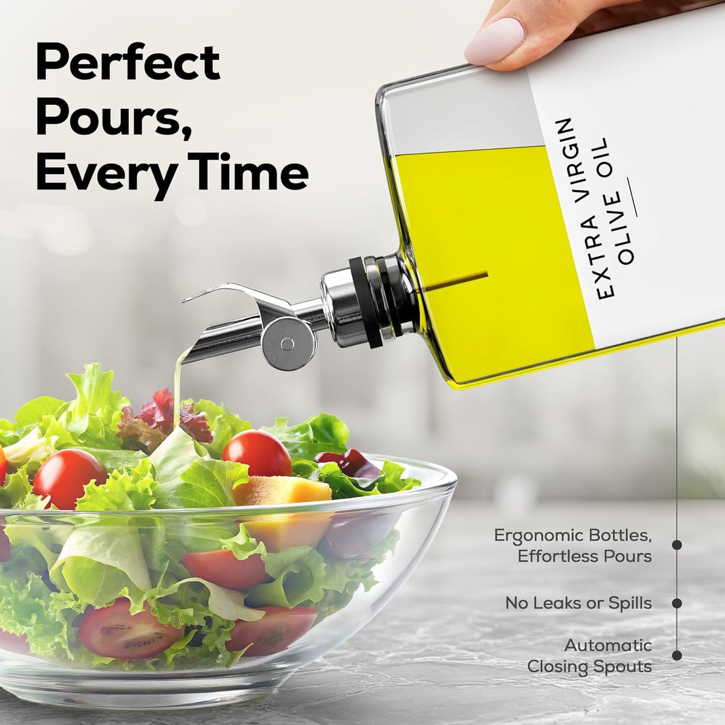 Glass Olive Oil Dispenser Bottle for Kitchen by Brighter Barns - Oil and Vinegar Dispenser Set, Coffee Syrup Bottles - Modern Decor for Restaurants, Coffee Station Accessories (Clear/Silver, Set of 2)