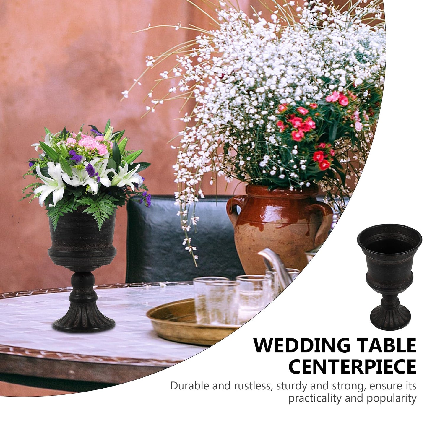 Yardwe Iron Urn Planter, Rustic Metal Flower Pots Decoration Vase for Wedding Party Home Garden Porch Front Door Decoration (Black)